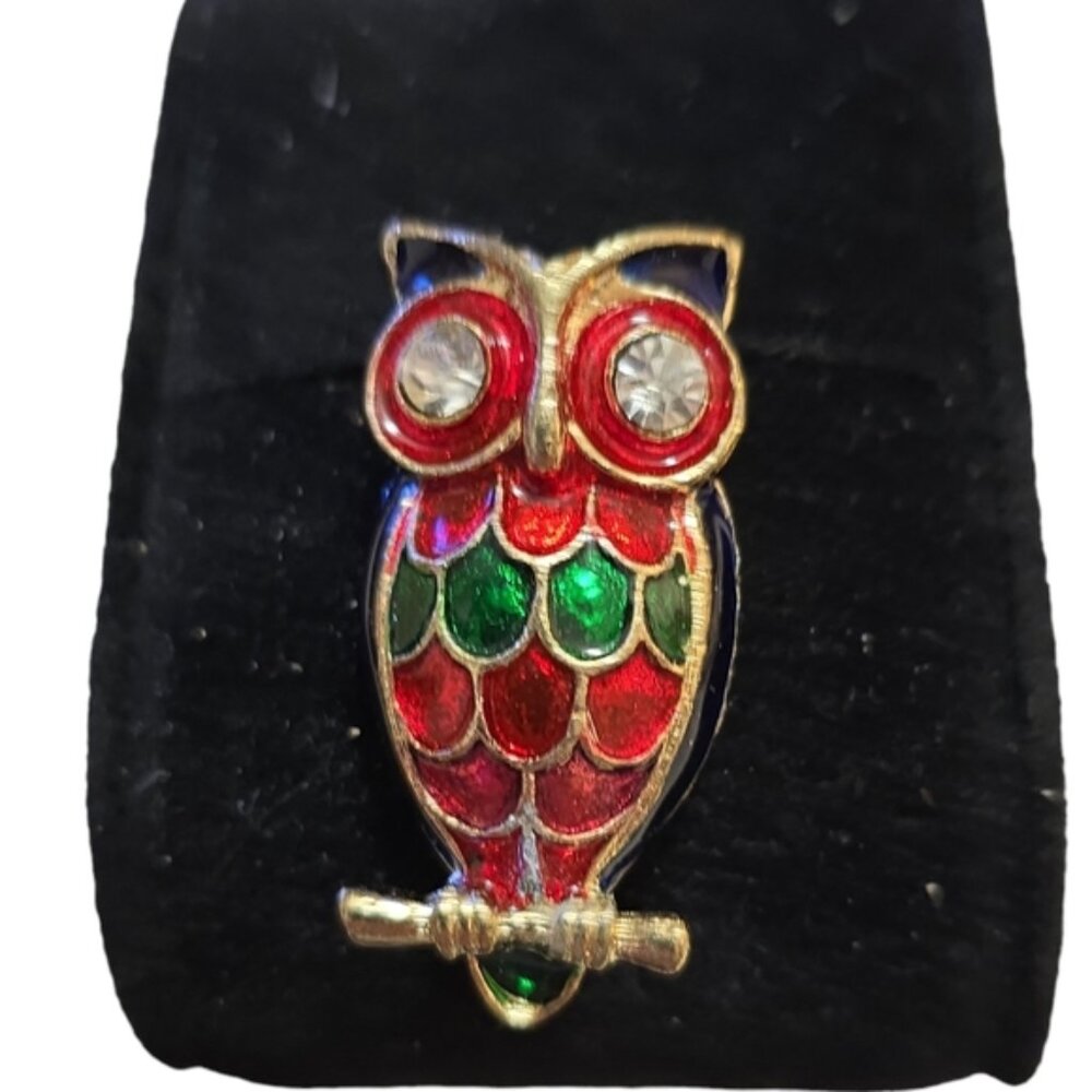 Enamel on Brass Owl Shaped Brooch Pin with Rhinestone Red Eyes L6